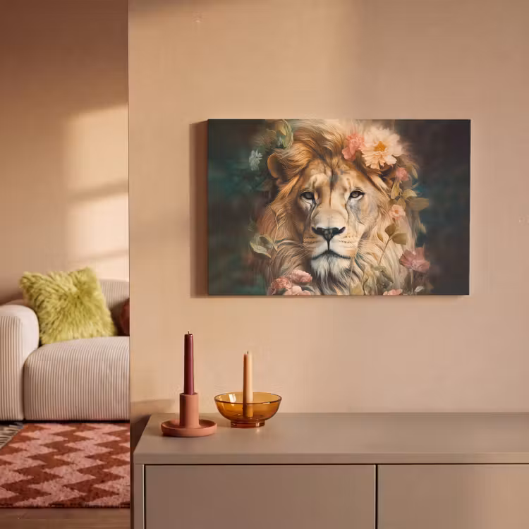 Canvas schilderij - Leeuw - Leeuwenkop - Wilde dieren - Bloemen — 2