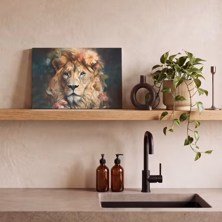 Canvas schilderij - Leeuw - Leeuwenkop - Wilde dieren - Bloemen — 4