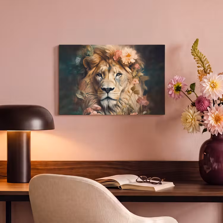 Canvas schilderij - Leeuw - Leeuwenkop - Wilde dieren - Bloemen — 6