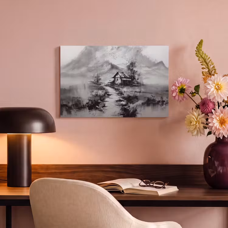 Canvas schilderij - Hut - Grijs - Bergen - Mistig — 6