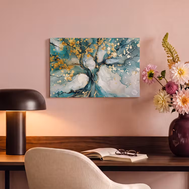 Canvas schilderij - Boom - Modern - Verflook - Turquoise - Goud — 6