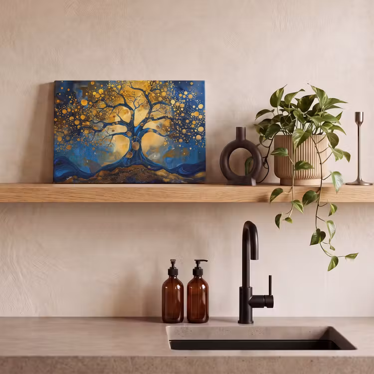Canvas schilderij - Boom - Levensboom - Blauw - Goud — 4