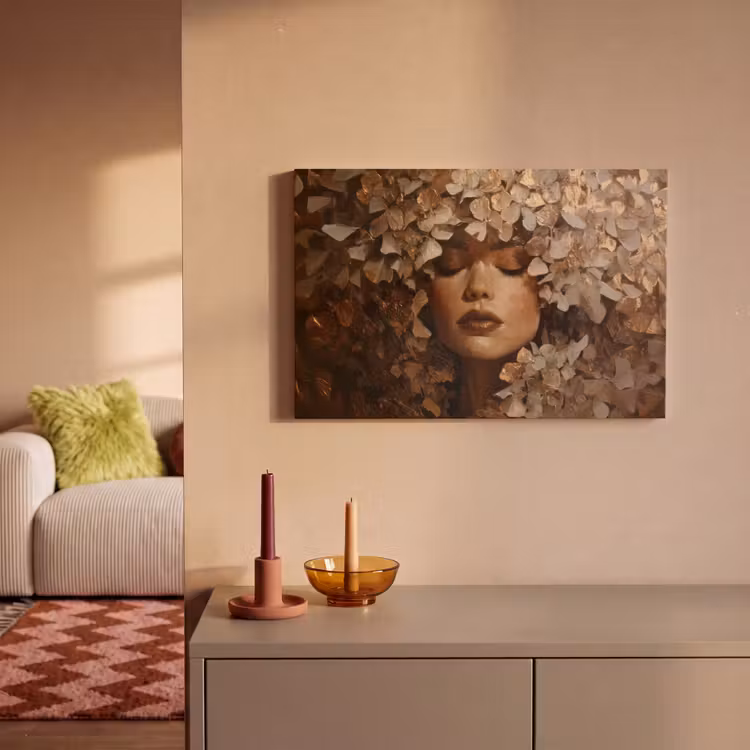 Canvas schilderij - Gezicht - Vrouwe - Bladeren - Penseelstreken — 2