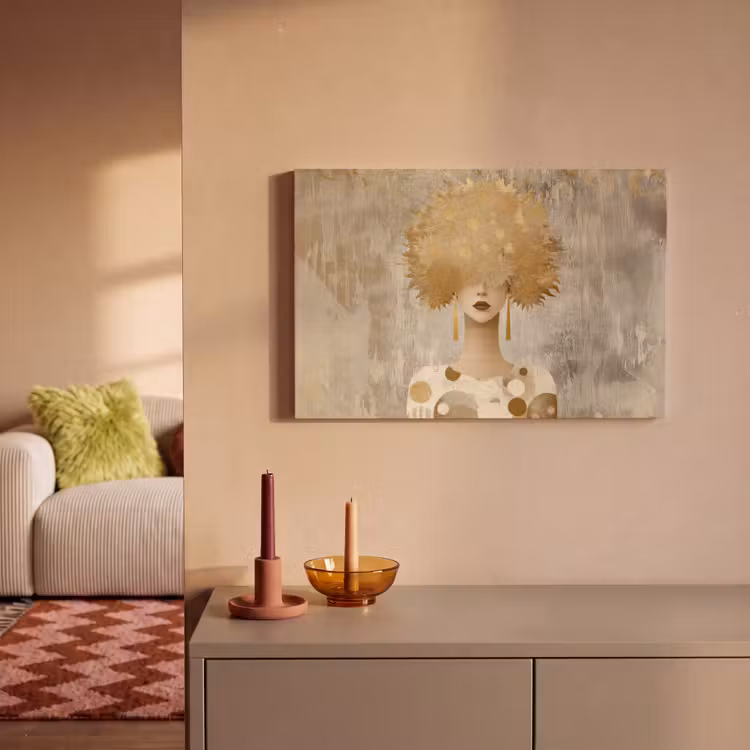 Canvas schilderij - Vrouw met Gouden Zonnebloemen Als Haar — 2