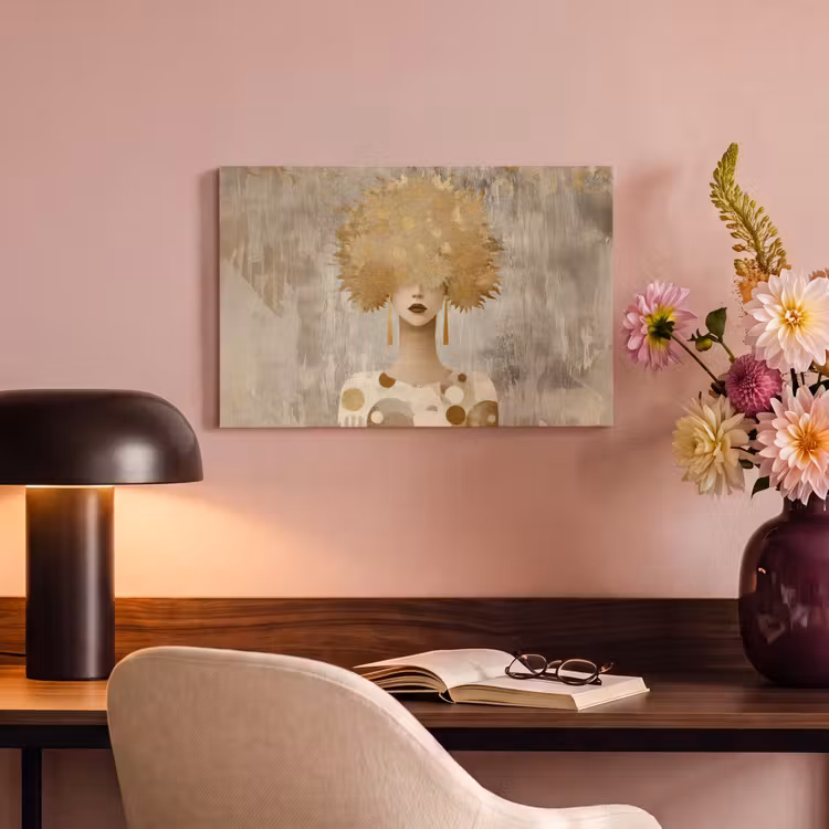 Canvas schilderij - Vrouw met Gouden Zonnebloemen Als Haar — 6