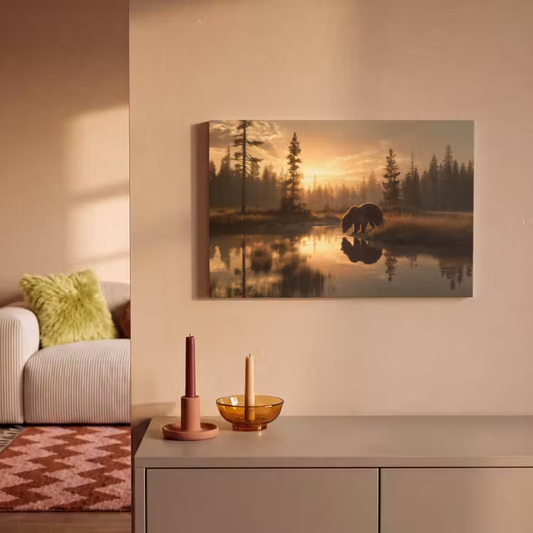 Canvas schilderij - Beer - water - Bos - Ochtendlicht — 2