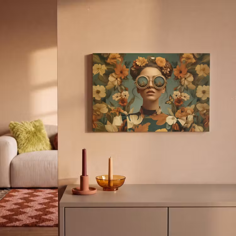 Canvas schilderij - Bloemenkrans - Vrouwengezicht - Zonnebril - Oranje — 2