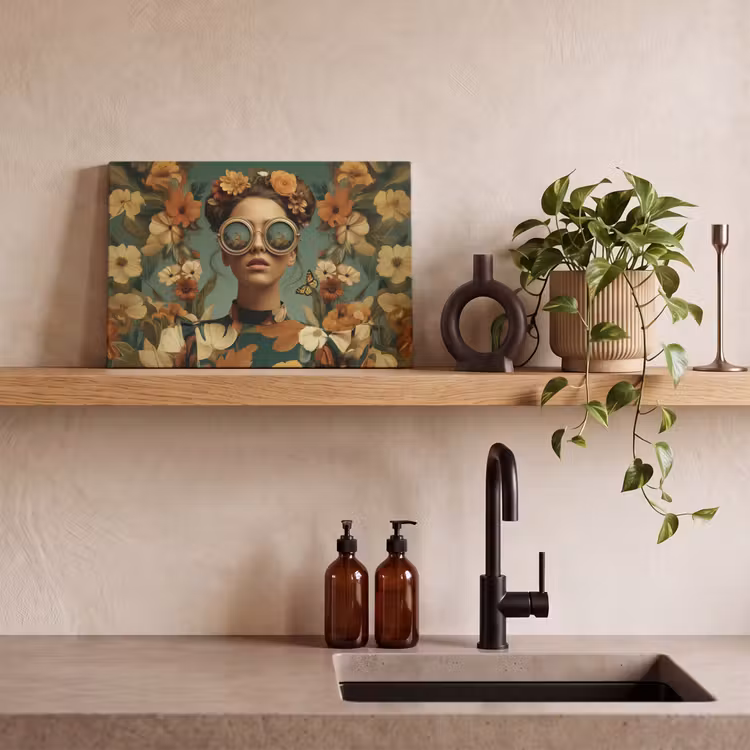 Canvas schilderij - Bloemenkrans - Vrouwengezicht - Zonnebril - Oranje — 4
