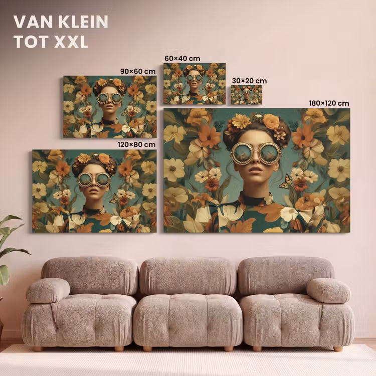 Canvas schilderij - Bloemenkrans - Vrouwengezicht - Zonnebril - Oranje — 8