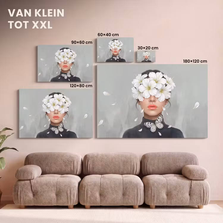 Canvas schilderij - Vrouw met Witte Bloemen Vlinder — 8