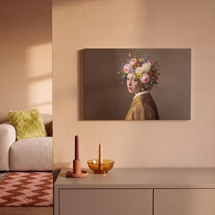 Canvas schilderij - Vermeer Meisje met de Parel Bloemen — 2