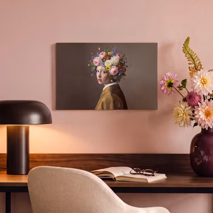 Canvas schilderij - Vermeer Meisje met de Parel Bloemen — 6