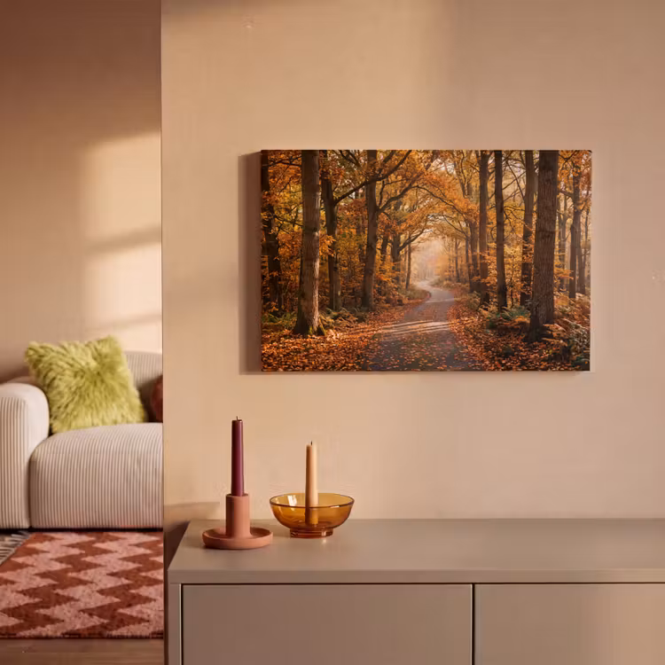 Canvas schilderij - Bospad - Herfstbos - Bladeren - Oranje - Nostalgisch — 2