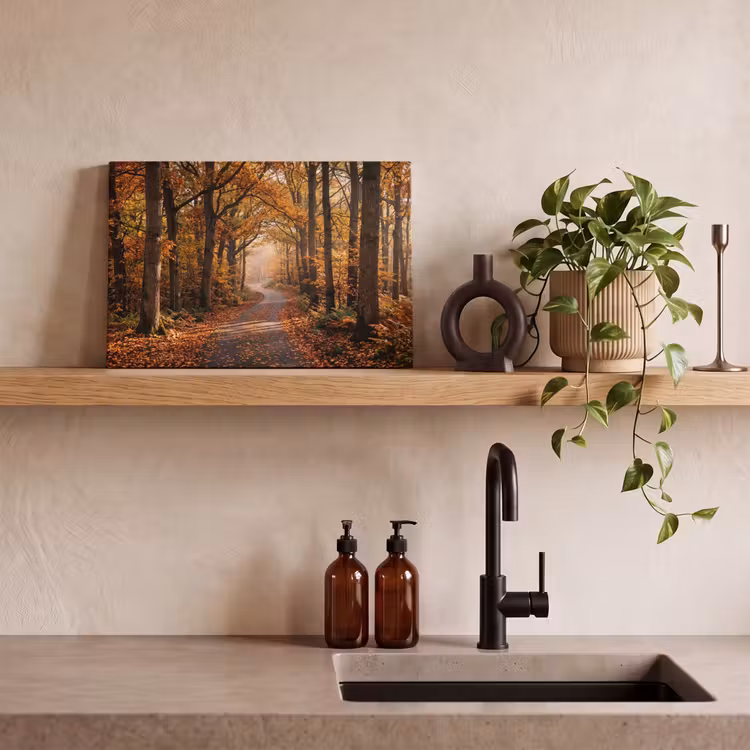 Canvas schilderij - Bospad - Herfstbos - Bladeren - Oranje - Nostalgisch — 4