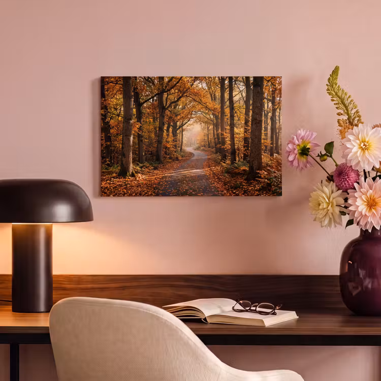 Canvas schilderij - Bospad - Herfstbos - Bladeren - Oranje - Nostalgisch — 6