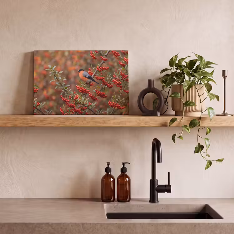 Canvas schilderij - Goudvink - Bessen - Herfst - Natuur - Kleurrijk — 4