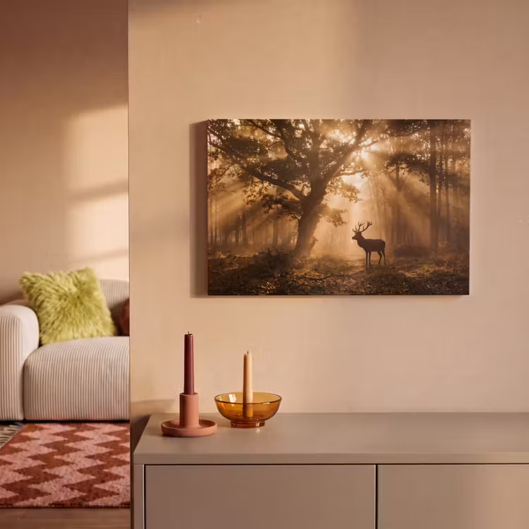 Canvas schilderij - Hert - Bos - Mistig - Natuur - Goud — 2