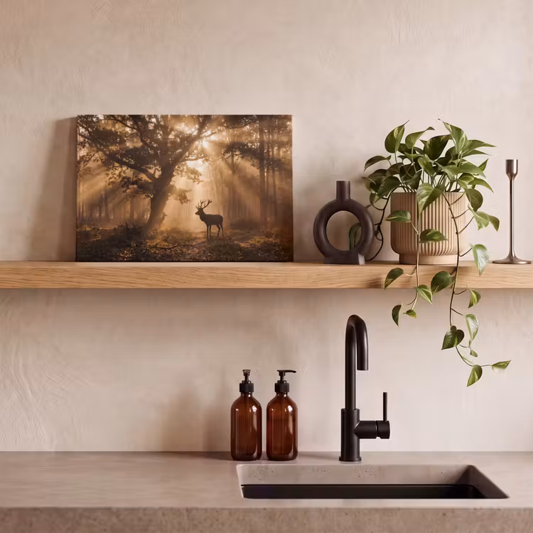 Canvas schilderij - Hert - Bos - Mistig - Natuur - Goud — 4