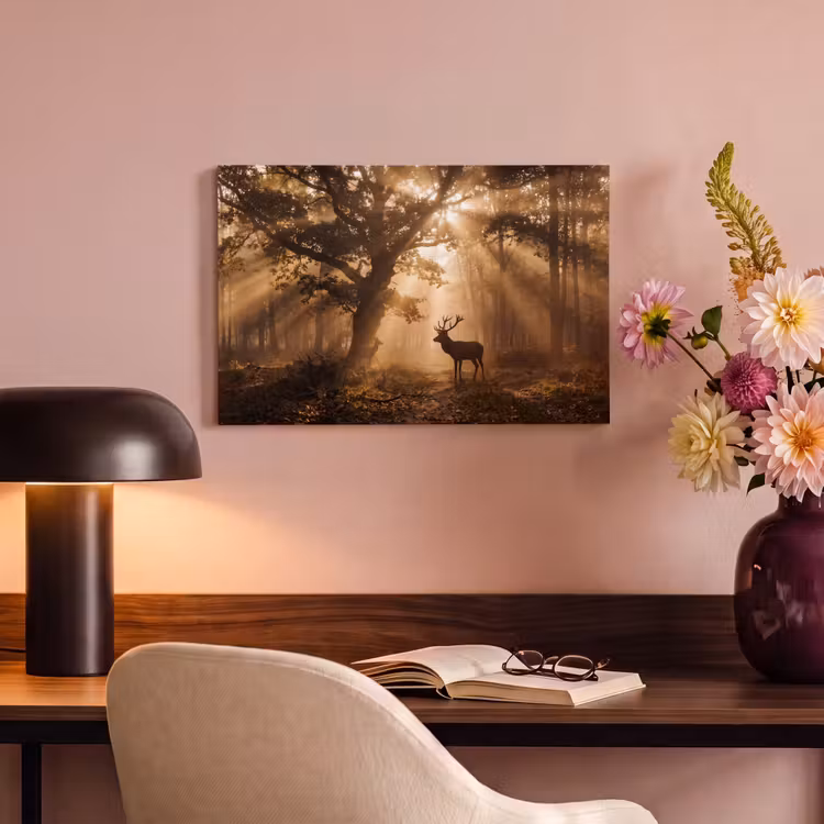 Canvas schilderij - Hert - Bos - Mistig - Natuur - Goud — 6
