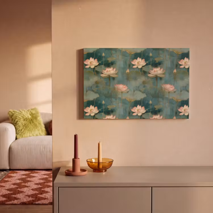 Canvas schilderij - Roze Lotusbloemen Petrol — 2