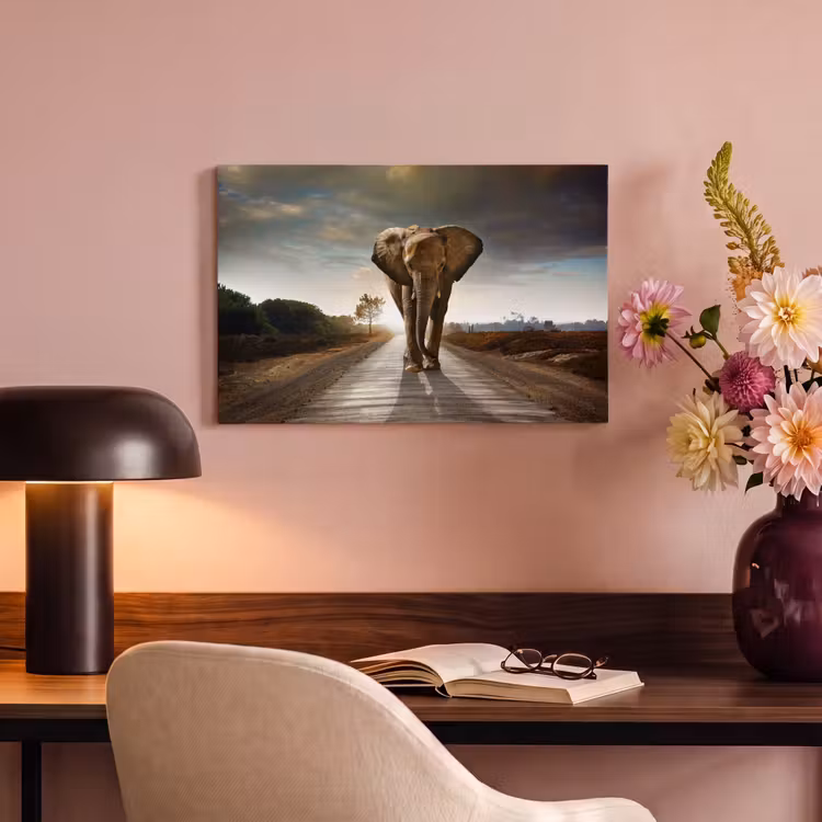 Canvas schilderij - Olifant - Weg - Dieren - Zonsondergang - Landschap — 6