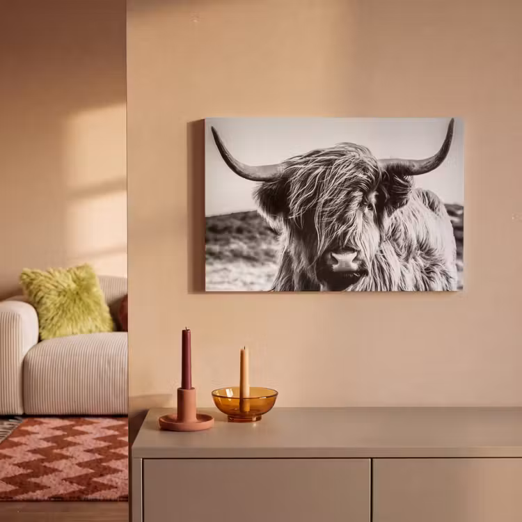 Canvas schilderij - Schotse hooglander - Close up - Horens - Vacht - Zwart Wit — 2