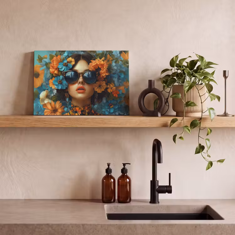 Canvas schilderij - Vrouw - Bloemen - Oranje - Blauw - Modern — 4