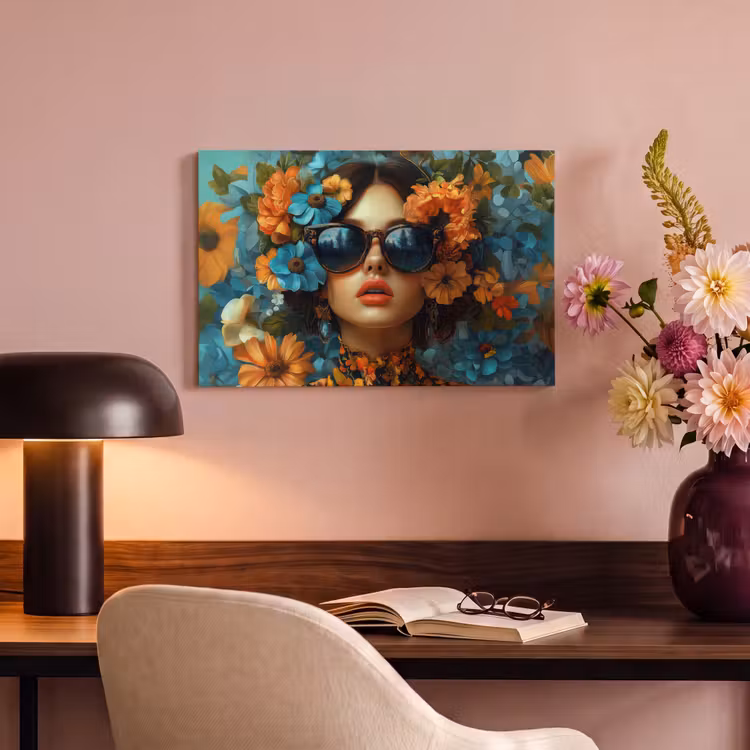 Canvas schilderij - Vrouw - Bloemen - Oranje - Blauw - Modern — 6
