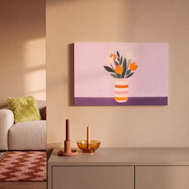 Canvas schilderij - Bloemen in Gestreepte Vaas — 2