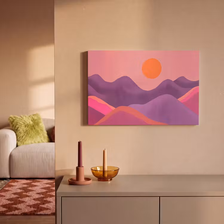 Canvas schilderij - Abstract Berglandschap Zon Roze Paars — 2