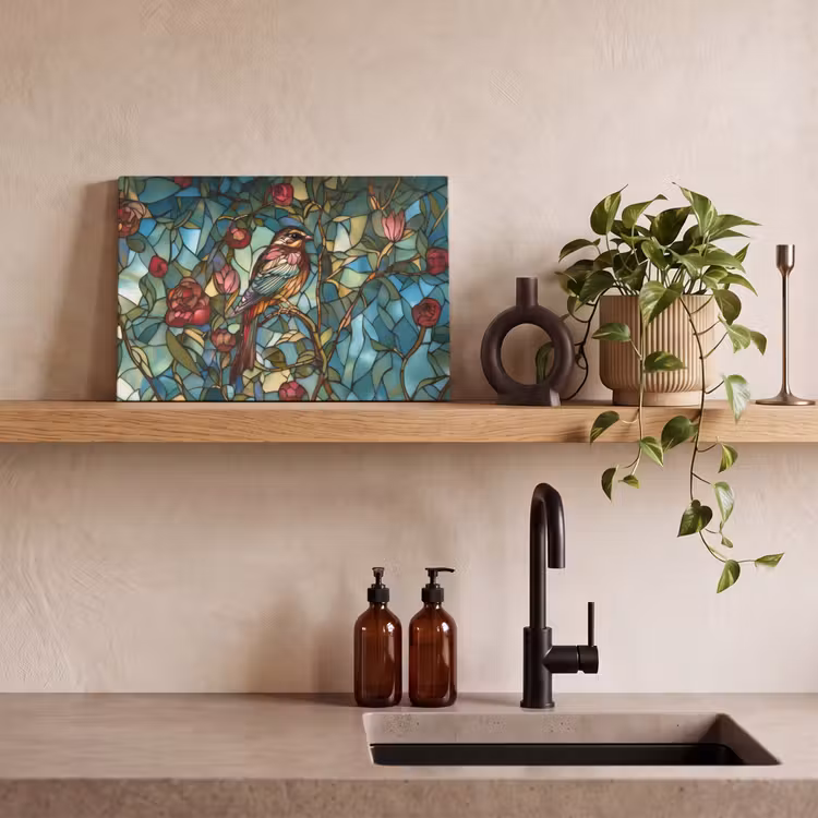 Canvas schilderij - Vogel - Tak - Rozen - Mozaïek — 4
