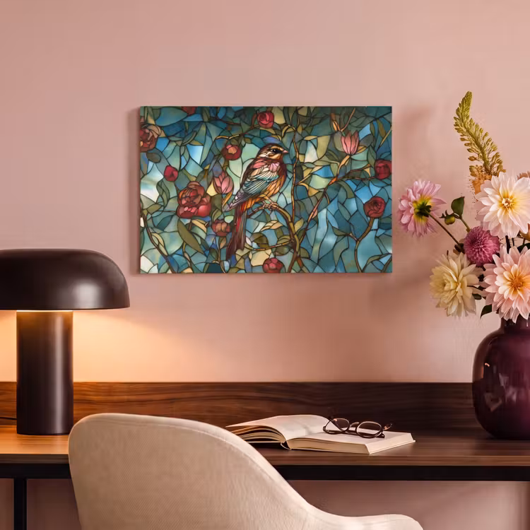Canvas schilderij - Vogel - Tak - Rozen - Mozaïek — 6