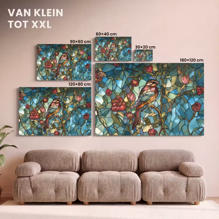 Canvas schilderij - Vogel - Tak - Rozen - Mozaïek — 8