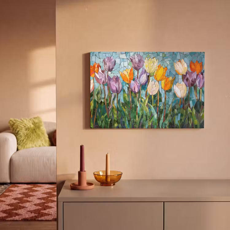 Canvas schilderij - Mozaïek - Veld - Tulpen - Kleurrijk — 2