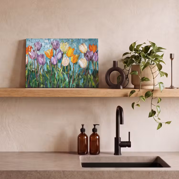 Canvas schilderij - Mozaïek - Veld - Tulpen - Kleurrijk — 4