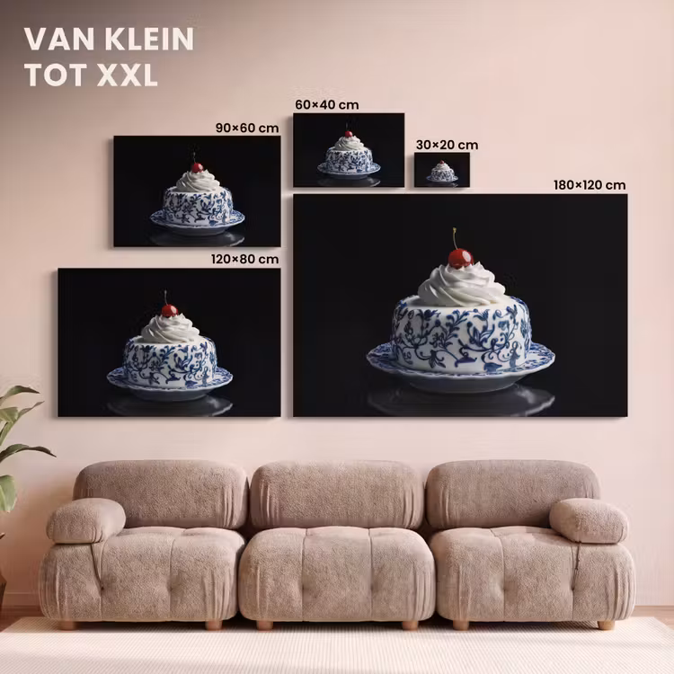 Canvas schilderij - Taart - Slagroom - Kers - Bord - Delfts blauw — 8