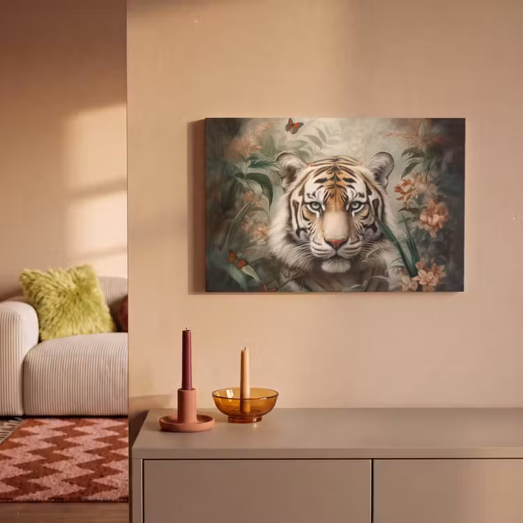 Canvas schilderij - Tijger - Vlinders - Dieren - Jungle - Bloemen — 2