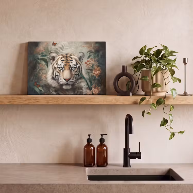 Canvas schilderij - Tijger - Vlinders - Dieren - Jungle - Bloemen — 4