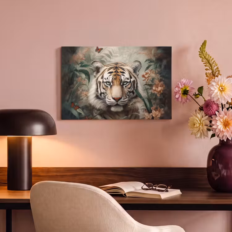 Canvas schilderij - Tijger - Vlinders - Dieren - Jungle - Bloemen — 6