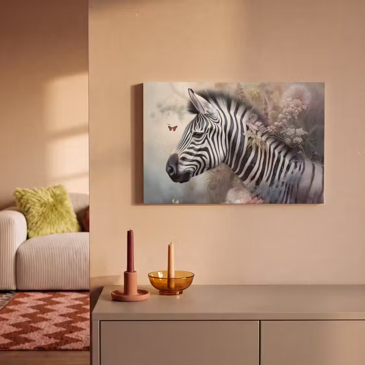 Canvas schilderij - Zebra - Wilde dieren - Vlinder - Bloemen — 2