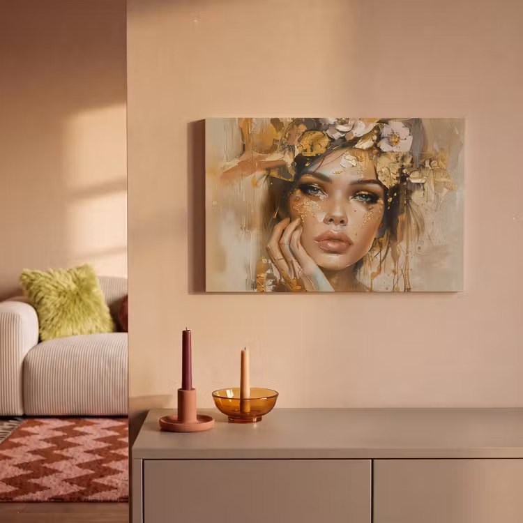 Canvas schilderij - Vrouw - Bloemen - Goud - Portret — 2