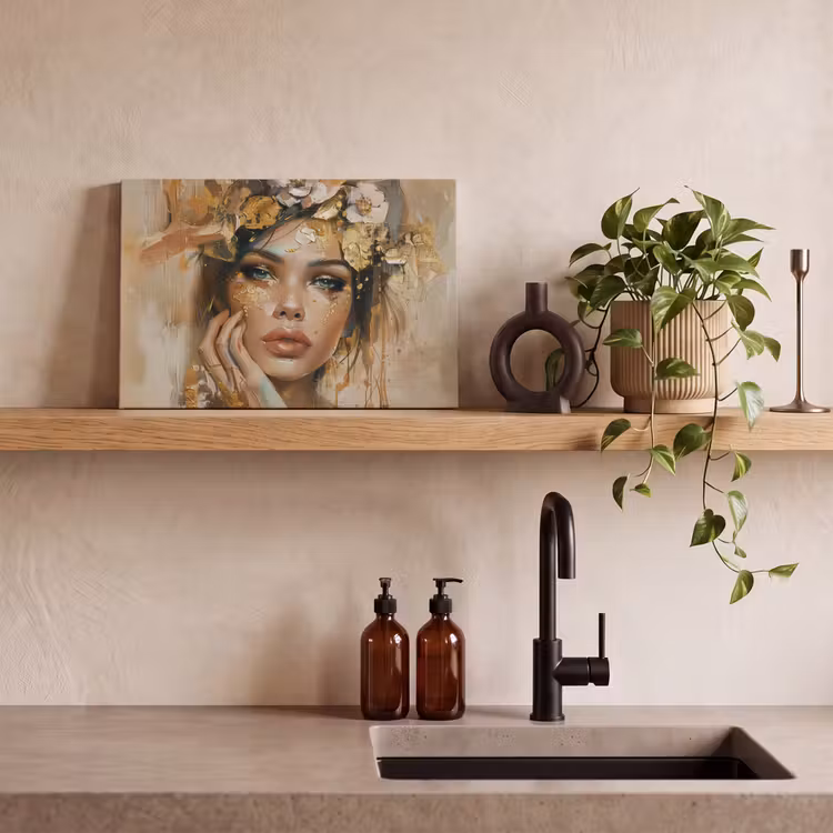 Canvas schilderij - Vrouw - Bloemen - Goud - Portret — 4