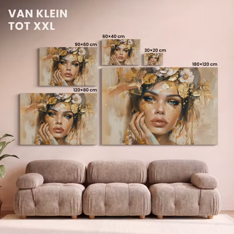 Canvas schilderij - Vrouw - Bloemen - Goud - Portret — 8