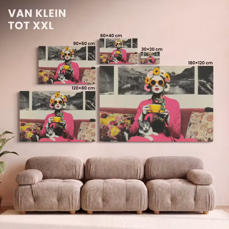 Canvas schilderij - Vrouw - Kat - Bloemen - Kopje - Retro — 8
