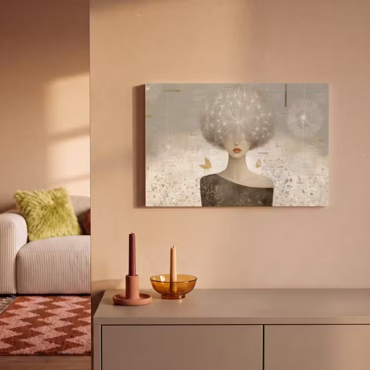 Canvas schilderij - Vrouw met Paardenbloem Pluizenbol Als Haar — 2