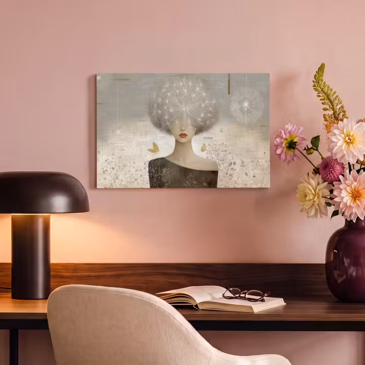 Canvas schilderij - Vrouw met Paardenbloem Pluizenbol Als Haar — 6