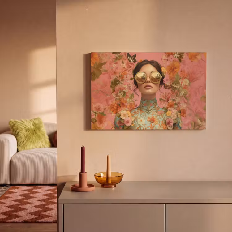 Canvas schilderij - Vrouw - Bril - Roze - Bloemen — 2