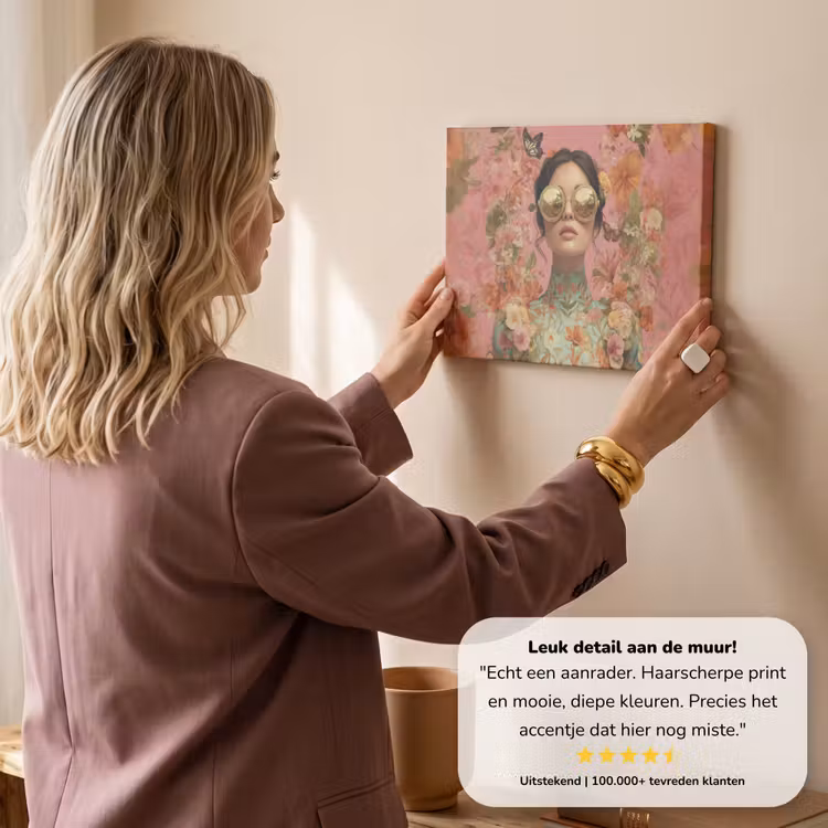 Canvas schilderij - Vrouw - Bril - Roze - Bloemen — 3