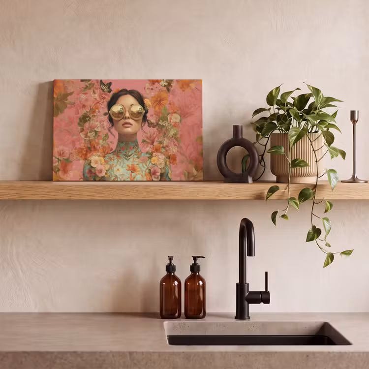 Canvas schilderij - Vrouw - Bril - Roze - Bloemen — 4