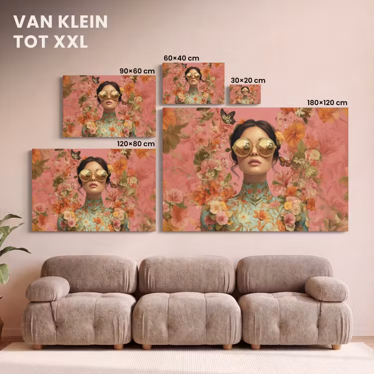 Canvas schilderij - Vrouw - Bril - Roze - Bloemen — 8